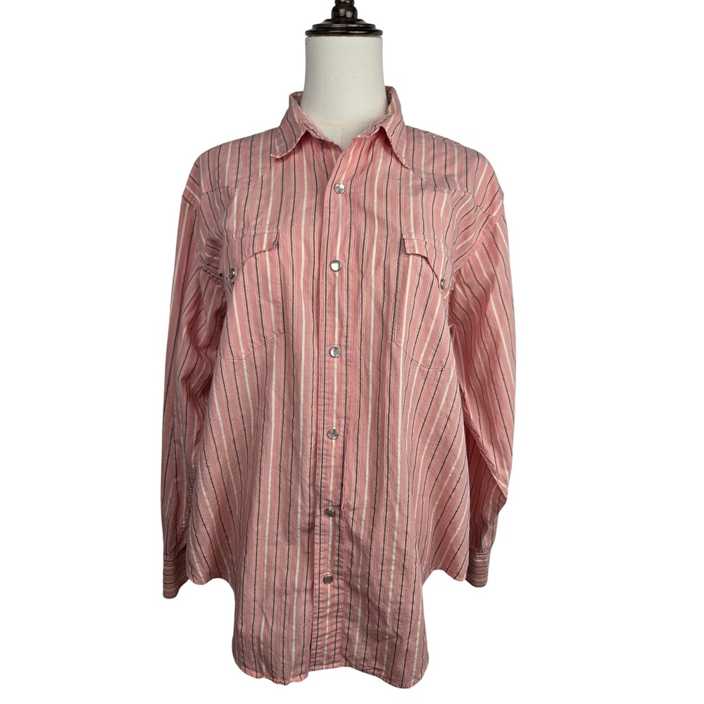 Ralph Lauren Western Shirt 14 Pink Striped Pearl Snap Vintage 90s Cotton Cowgirl